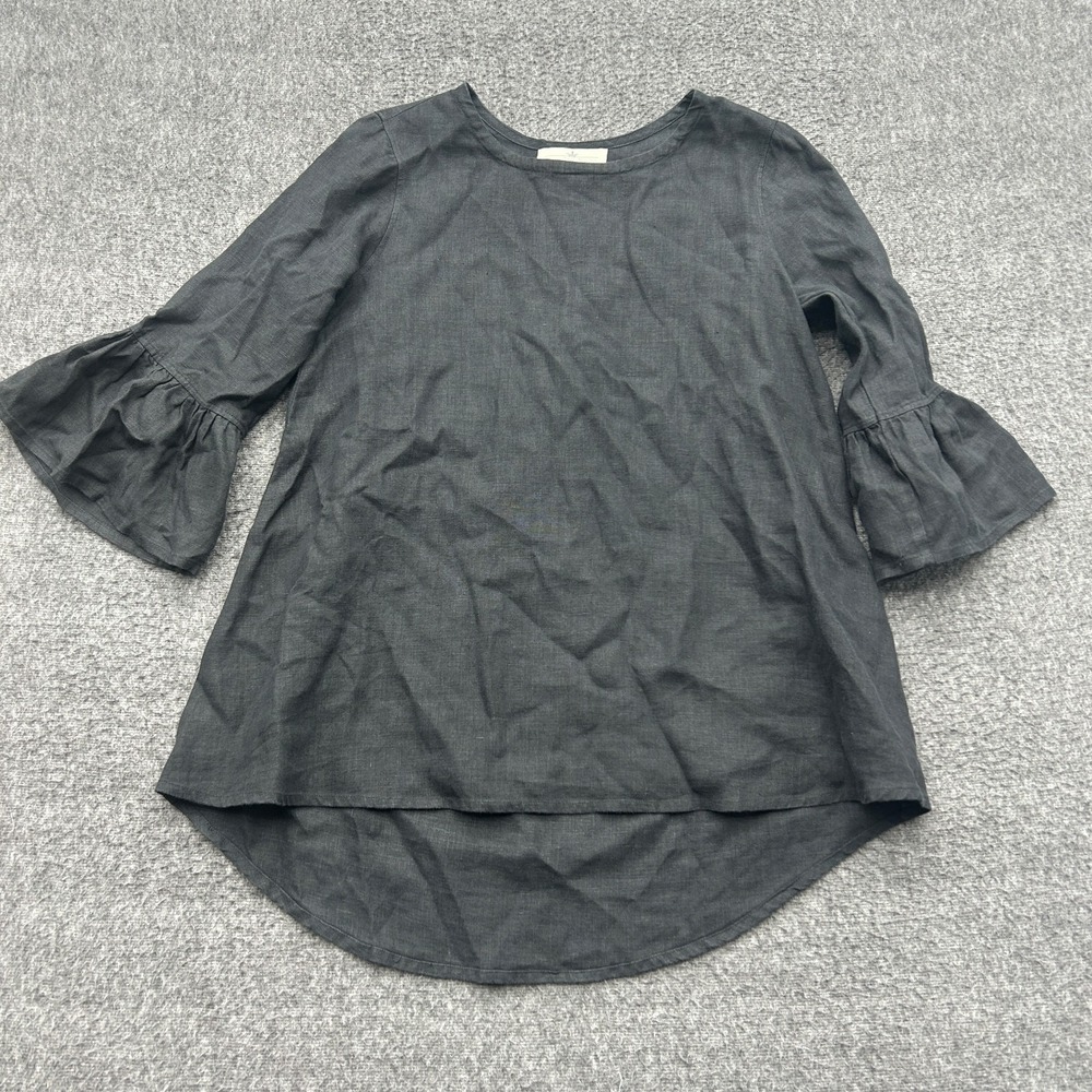 Crown Designs Shirt Small Black 100% Linen Tunic Top Bell Sleeve Hi Low Lagen